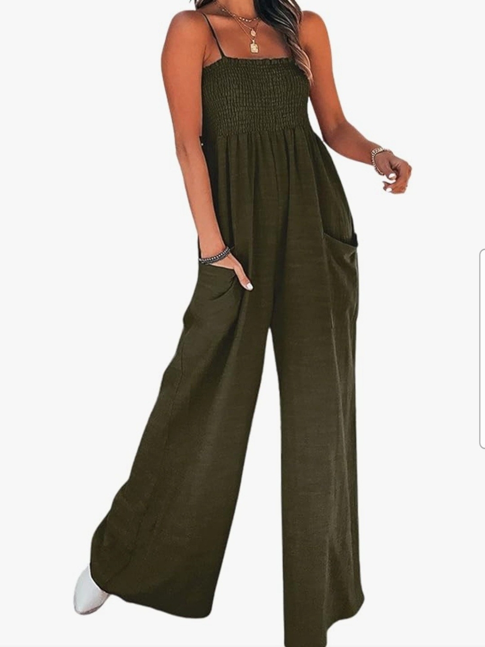 Cupshe Olive Wide-Leg Smocked Jumpsuit with Pockets